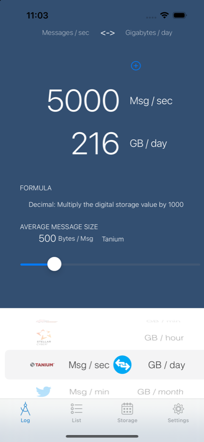 Logcaliper on iPhone converting 5,000 messages per second into 216 gigabytes per day, at an average event size of 500 bytes for Tanium.